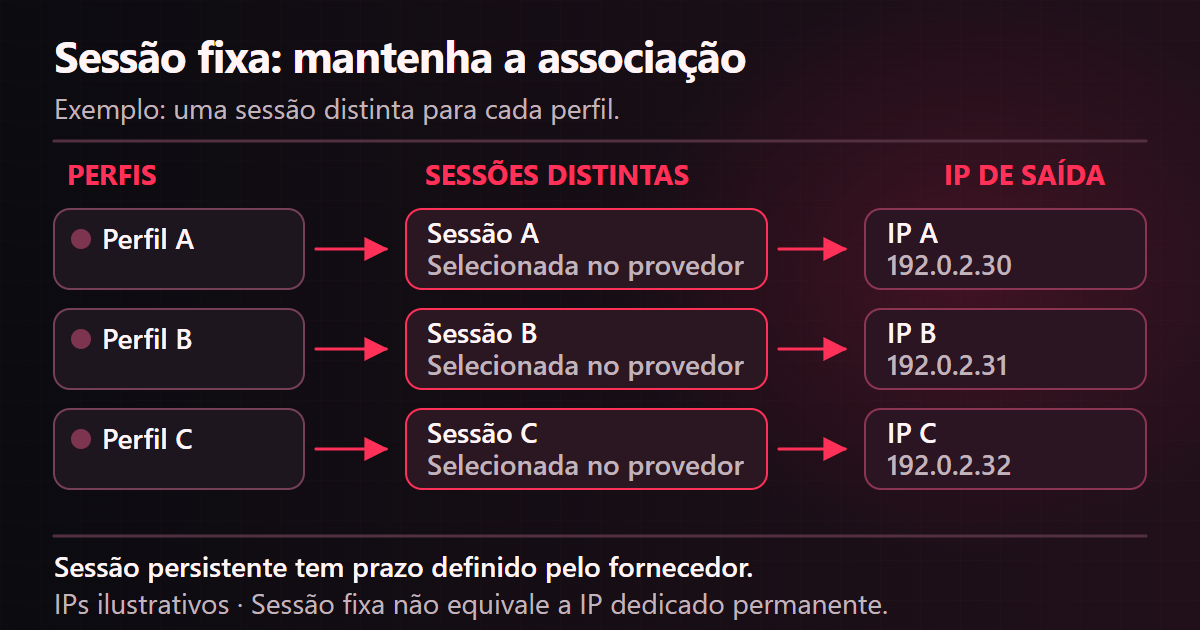 Diagrama de perfis A, B e C com sessões sticky distintas e saídas ilustrativas, indicando duração limitada e possível mudança de IP.